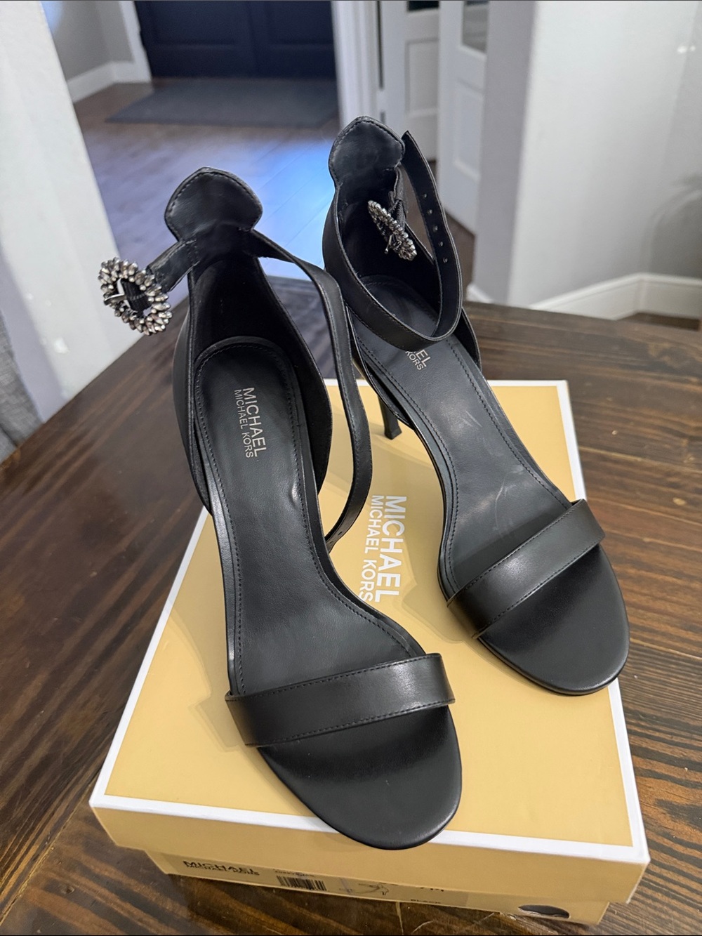 Michael Kors Black Leather Open-Toe Stiletto Heels with Jeweled Ankle Buckle
